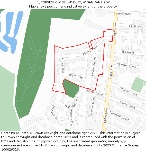1, TORSIDE CLOSE, HINDLEY, WIGAN, WN2 2QX: Location map and indicative extent of plot