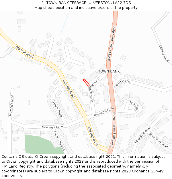 1, TOWN BANK TERRACE, ULVERSTON, LA12 7DS: Location map and indicative extent of plot