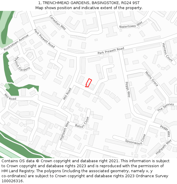 1, TRENCHMEAD GARDENS, BASINGSTOKE, RG24 9ST: Location map and indicative extent of plot