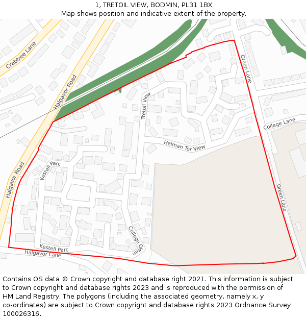 1, TRETOIL VIEW, BODMIN, PL31 1BX: Location map and indicative extent of plot