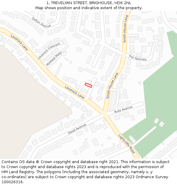 1, TREVELYAN STREET, BRIGHOUSE, HD6 2NL: Location map and indicative extent of plot