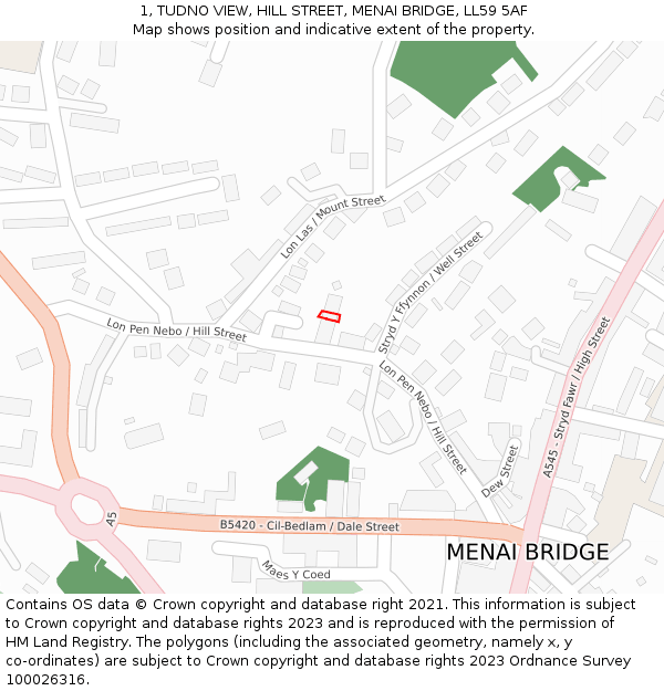 1, TUDNO VIEW, HILL STREET, MENAI BRIDGE, LL59 5AF: Location map and indicative extent of plot