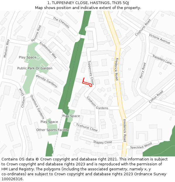 1, TUPPENNEY CLOSE, HASTINGS, TN35 5QJ: Location map and indicative extent of plot