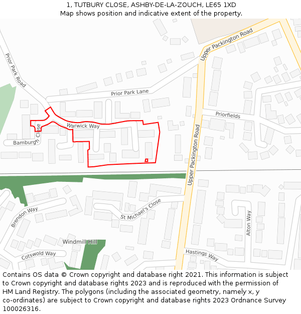 1, TUTBURY CLOSE, ASHBY-DE-LA-ZOUCH, LE65 1XD: Location map and indicative extent of plot