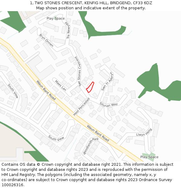 1, TWO STONES CRESCENT, KENFIG HILL, BRIDGEND, CF33 6DZ: Location map and indicative extent of plot