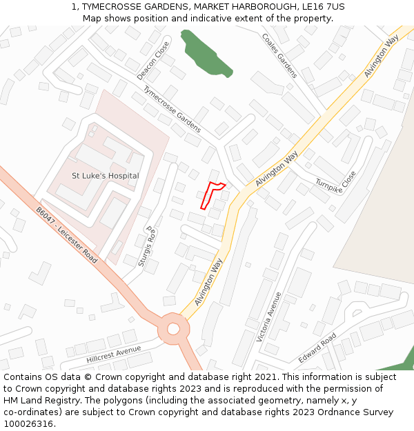 1, TYMECROSSE GARDENS, MARKET HARBOROUGH, LE16 7US: Location map and indicative extent of plot
