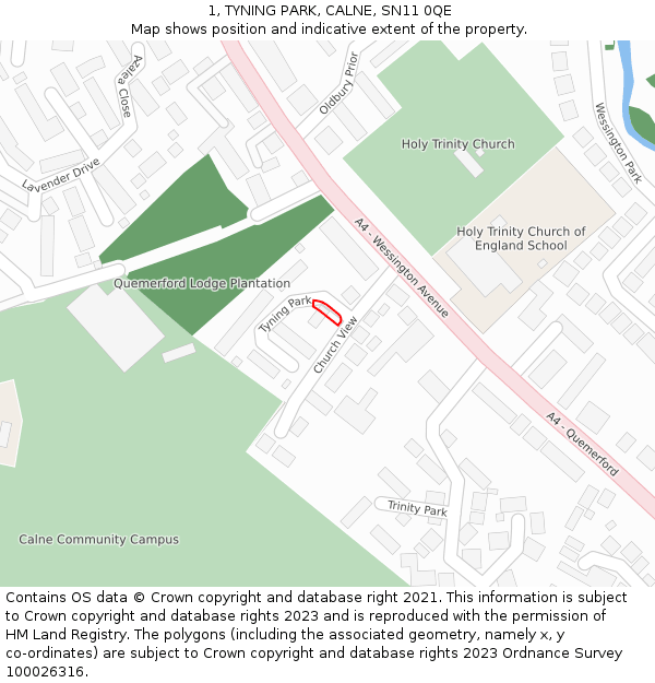 1, TYNING PARK, CALNE, SN11 0QE: Location map and indicative extent of plot