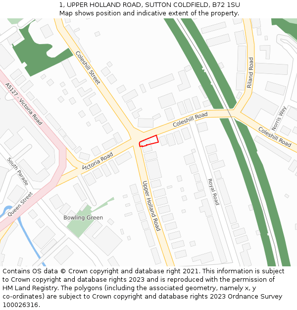 1, UPPER HOLLAND ROAD, SUTTON COLDFIELD, B72 1SU: Location map and indicative extent of plot