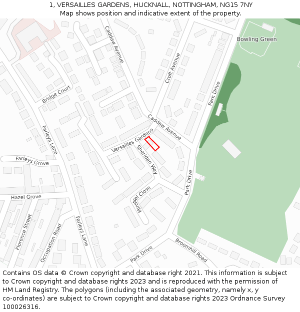 1, VERSAILLES GARDENS, HUCKNALL, NOTTINGHAM, NG15 7NY: Location map and indicative extent of plot
