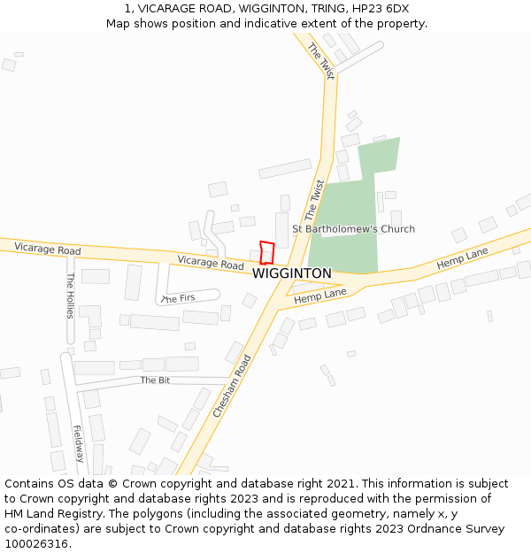 1, VICARAGE ROAD, WIGGINTON, TRING, HP23 6DX: Location map and indicative extent of plot