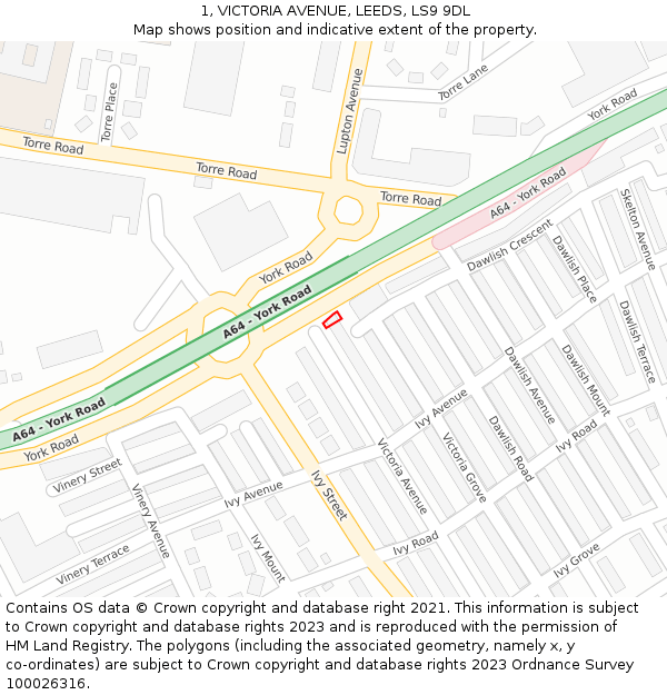 1, VICTORIA AVENUE, LEEDS, LS9 9DL: Location map and indicative extent of plot