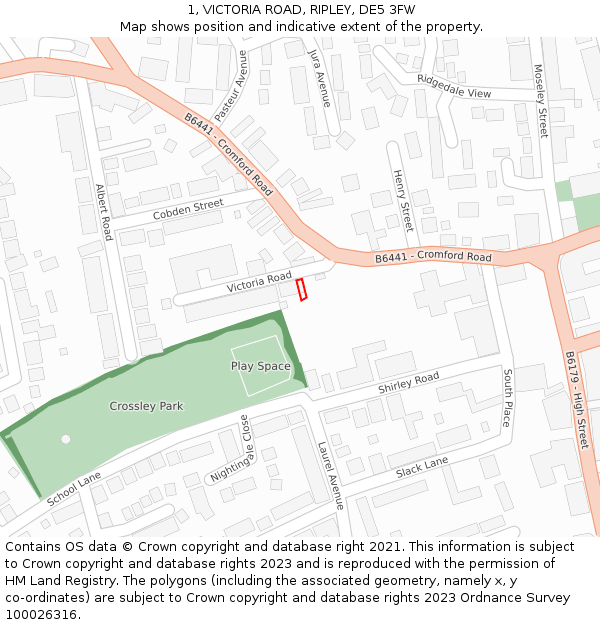 1, VICTORIA ROAD, RIPLEY, DE5 3FW: Location map and indicative extent of plot