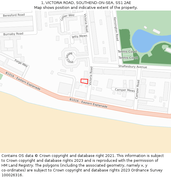 1, VICTORIA ROAD, SOUTHEND-ON-SEA, SS1 2AE: Location map and indicative extent of plot