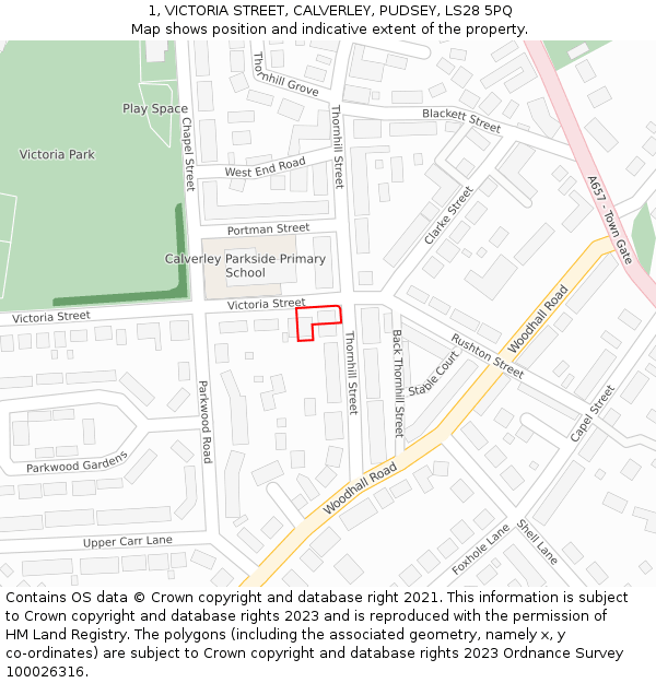 1, VICTORIA STREET, CALVERLEY, PUDSEY, LS28 5PQ: Location map and indicative extent of plot