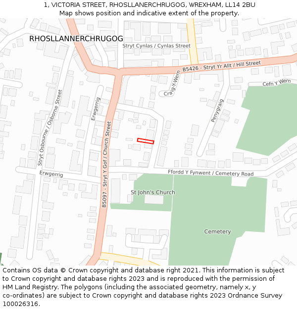 1, VICTORIA STREET, RHOSLLANERCHRUGOG, WREXHAM, LL14 2BU: Location map and indicative extent of plot