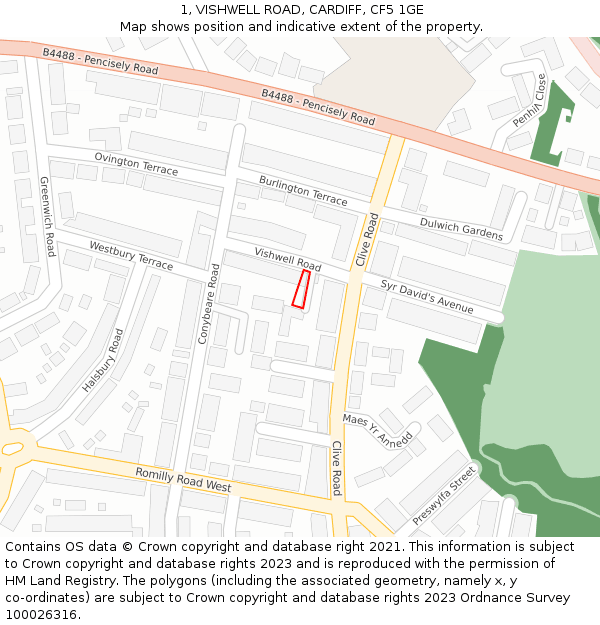 1, VISHWELL ROAD, CARDIFF, CF5 1GE: Location map and indicative extent of plot