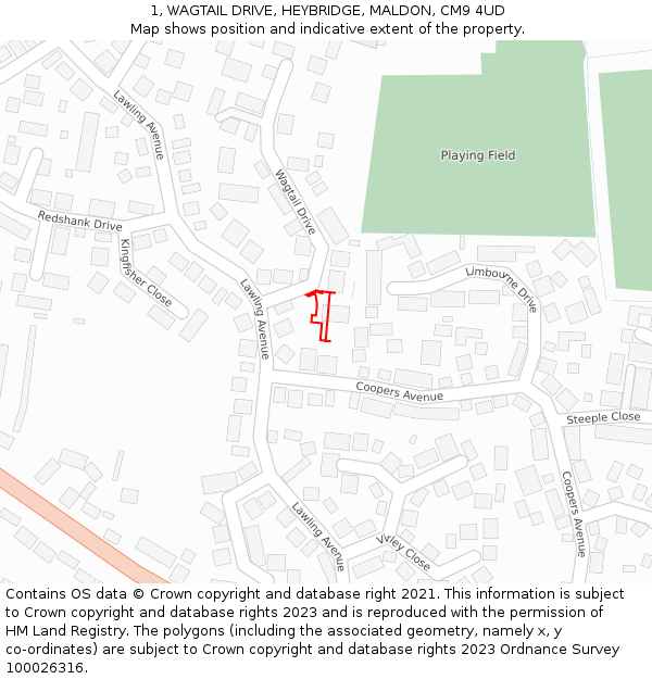 1, WAGTAIL DRIVE, HEYBRIDGE, MALDON, CM9 4UD: Location map and indicative extent of plot