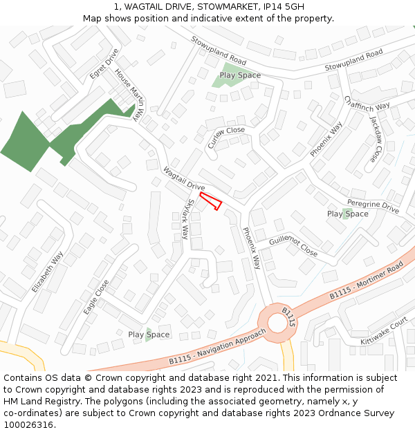 1, WAGTAIL DRIVE, STOWMARKET, IP14 5GH: Location map and indicative extent of plot
