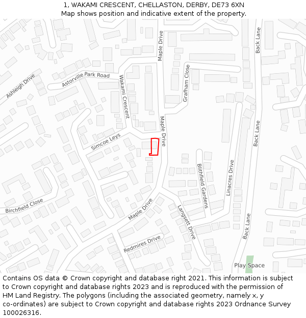 1, WAKAMI CRESCENT, CHELLASTON, DERBY, DE73 6XN: Location map and indicative extent of plot