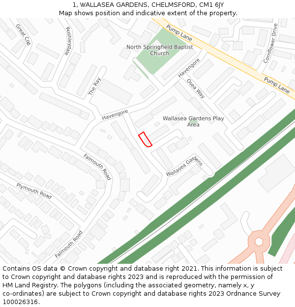 1, WALLASEA GARDENS, CHELMSFORD, CM1 6JY: Location map and indicative extent of plot