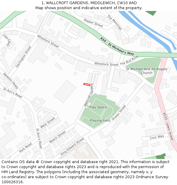 1, WALLCROFT GARDENS, MIDDLEWICH, CW10 9AD: Location map and indicative extent of plot