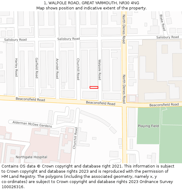 1, WALPOLE ROAD, GREAT YARMOUTH, NR30 4NG: Location map and indicative extent of plot