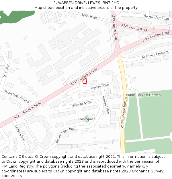 1, WARREN DRIVE, LEWES, BN7 1HD: Location map and indicative extent of plot