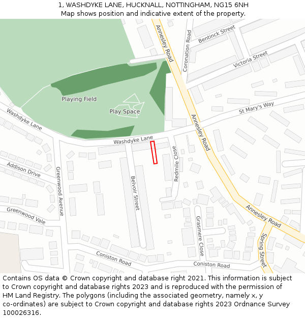1, WASHDYKE LANE, HUCKNALL, NOTTINGHAM, NG15 6NH: Location map and indicative extent of plot