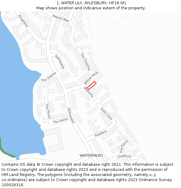 1, WATER LILY, AYLESBURY, HP19 0FJ: Location map and indicative extent of plot