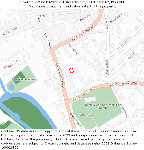 1, WATERLOO COTTAGES, CHURCH STREET, LEATHERHEAD, KT22 8EL: Location map and indicative extent of plot