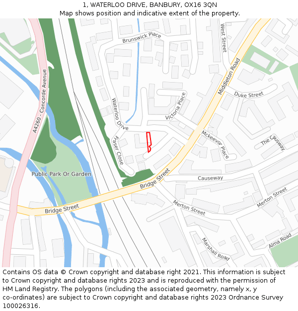 1, WATERLOO DRIVE, BANBURY, OX16 3QN: Location map and indicative extent of plot
