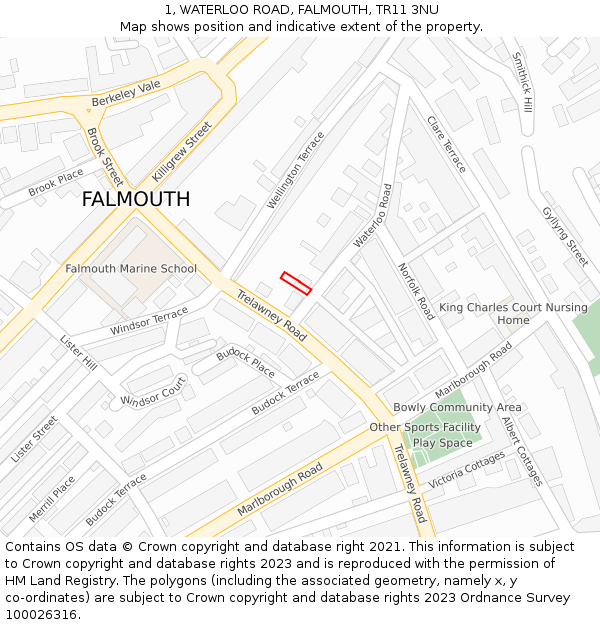 1, WATERLOO ROAD, FALMOUTH, TR11 3NU: Location map and indicative extent of plot