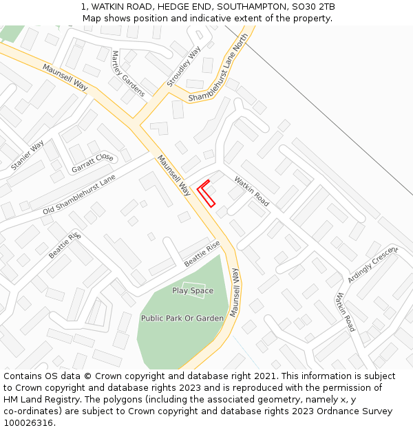 1, WATKIN ROAD, HEDGE END, SOUTHAMPTON, SO30 2TB: Location map and indicative extent of plot