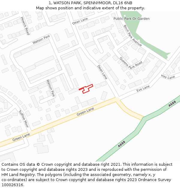 1, WATSON PARK, SPENNYMOOR, DL16 6NB: Location map and indicative extent of plot
