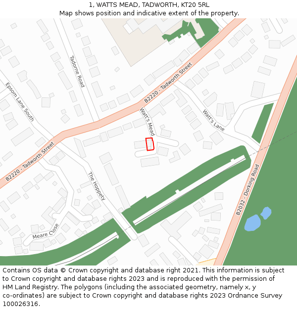 1, WATTS MEAD, TADWORTH, KT20 5RL: Location map and indicative extent of plot