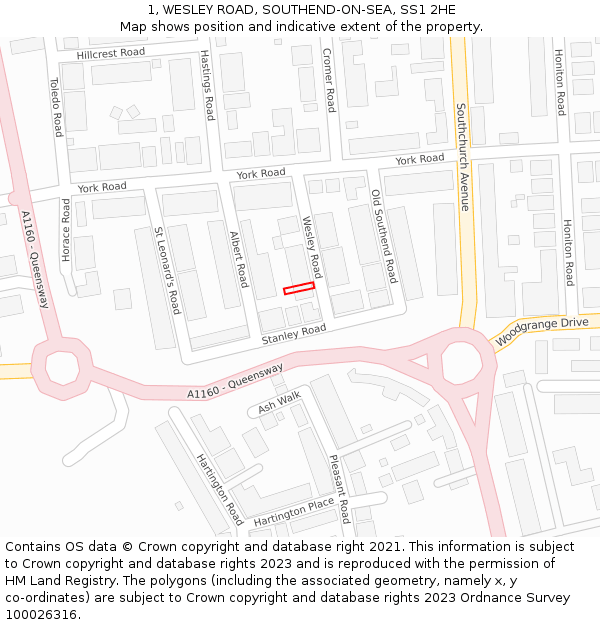 1, WESLEY ROAD, SOUTHEND-ON-SEA, SS1 2HE: Location map and indicative extent of plot