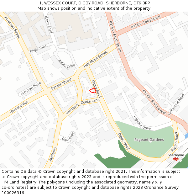1, WESSEX COURT, DIGBY ROAD, SHERBORNE, DT9 3PP: Location map and indicative extent of plot