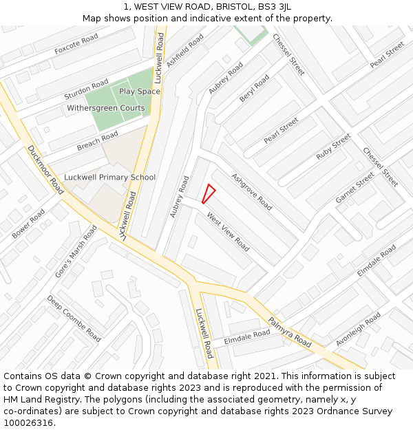 1, WEST VIEW ROAD, BRISTOL, BS3 3JL: Location map and indicative extent of plot