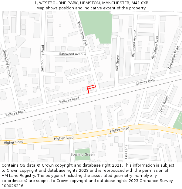 1, WESTBOURNE PARK, URMSTON, MANCHESTER, M41 0XR: Location map and indicative extent of plot