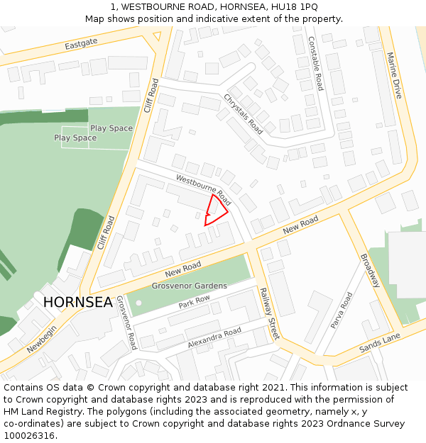 1, WESTBOURNE ROAD, HORNSEA, HU18 1PQ: Location map and indicative extent of plot