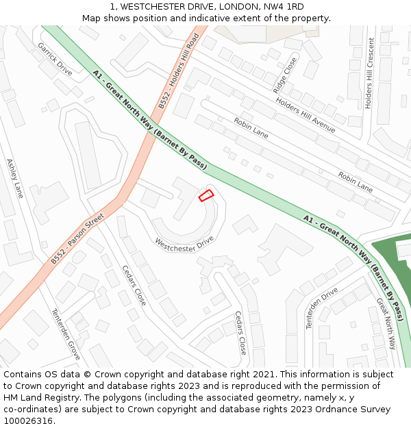 1, WESTCHESTER DRIVE, LONDON, NW4 1RD: Location map and indicative extent of plot
