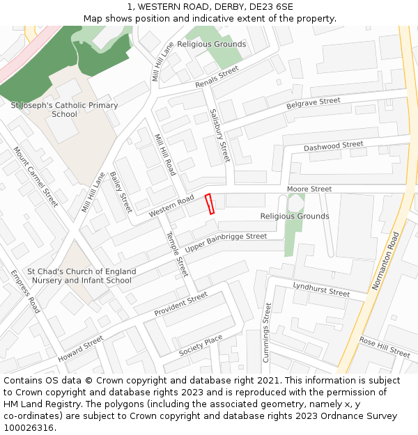 1, WESTERN ROAD, DERBY, DE23 6SE: Location map and indicative extent of plot