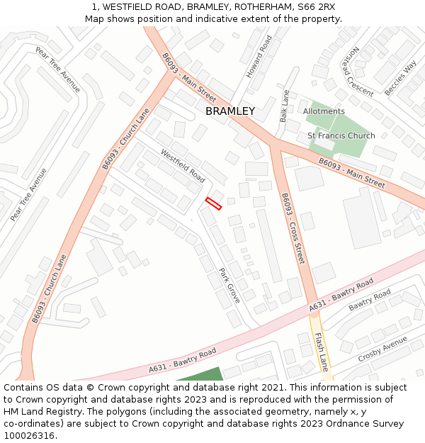 1, WESTFIELD ROAD, BRAMLEY, ROTHERHAM, S66 2RX: Location map and indicative extent of plot