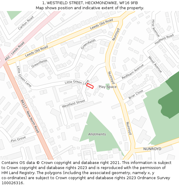 1, WESTFIELD STREET, HECKMONDWIKE, WF16 9FB: Location map and indicative extent of plot