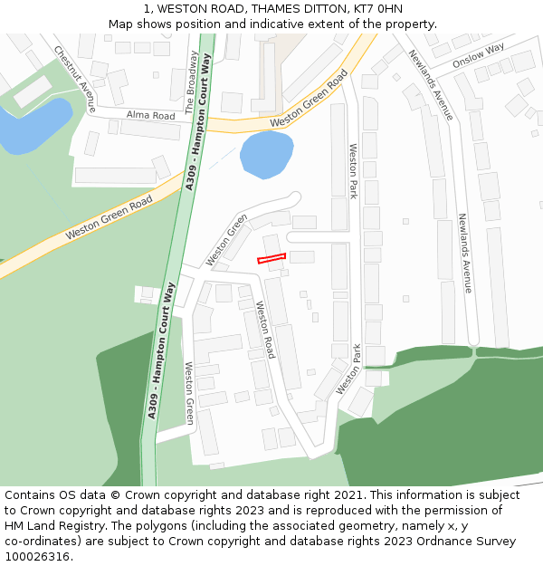 1, WESTON ROAD, THAMES DITTON, KT7 0HN: Location map and indicative extent of plot