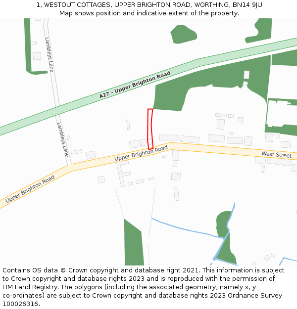1, WESTOUT COTTAGES, UPPER BRIGHTON ROAD, WORTHING, BN14 9JU: Location map and indicative extent of plot