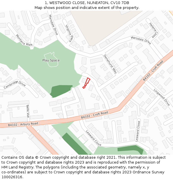 1, WESTWOOD CLOSE, NUNEATON, CV10 7DB: Location map and indicative extent of plot