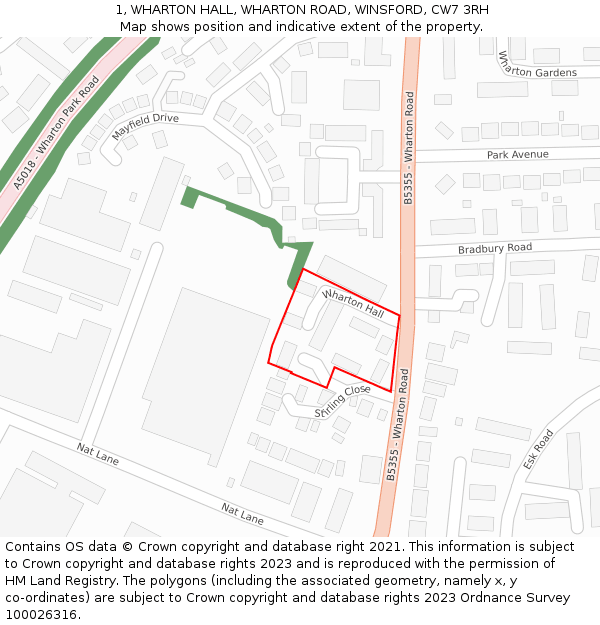 1, WHARTON HALL, WHARTON ROAD, WINSFORD, CW7 3RH: Location map and indicative extent of plot