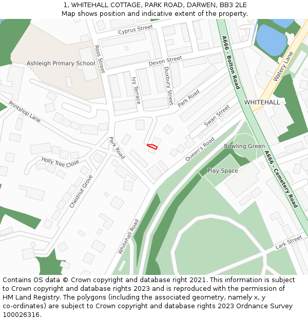 1, WHITEHALL COTTAGE, PARK ROAD, DARWEN, BB3 2LE: Location map and indicative extent of plot