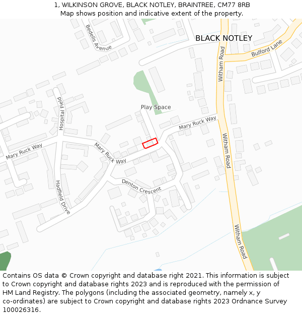 1, WILKINSON GROVE, BLACK NOTLEY, BRAINTREE, CM77 8RB: Location map and indicative extent of plot